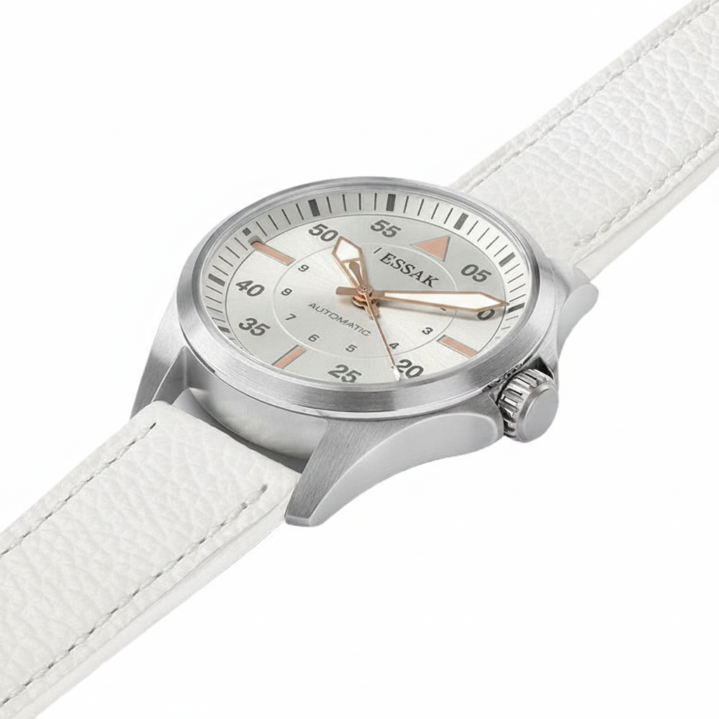 White Pilot Watch Angled - ESSAK Logo