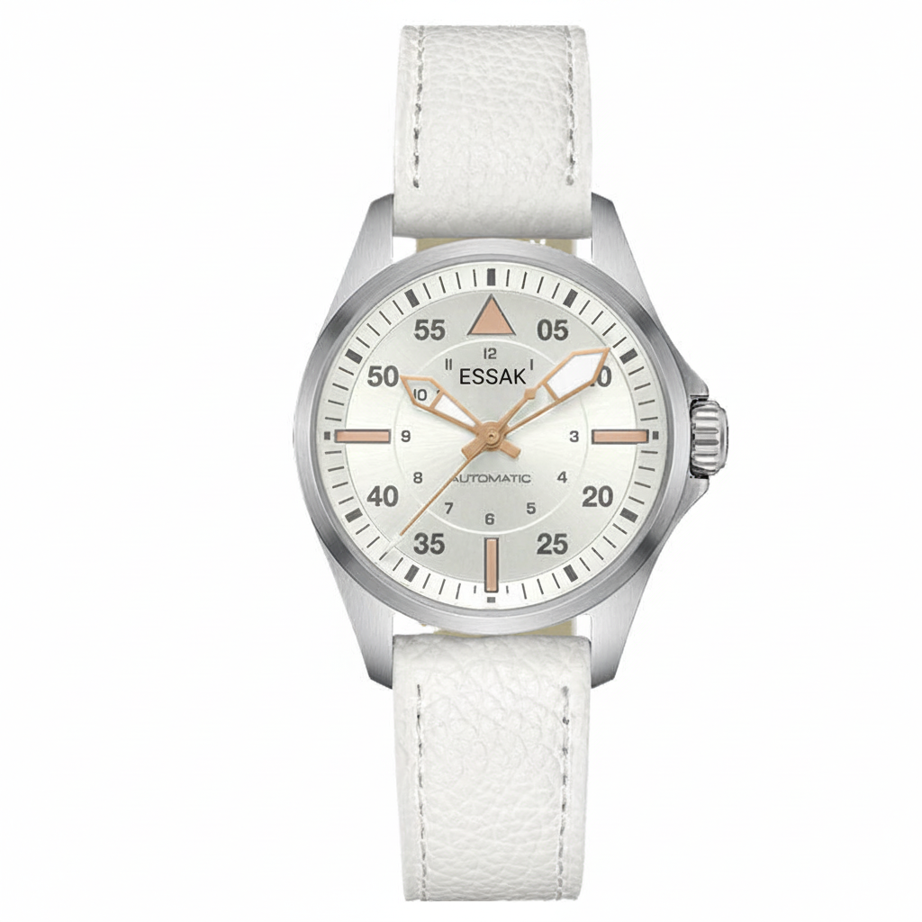 White Pilot Watch Front - ESSAK Logo