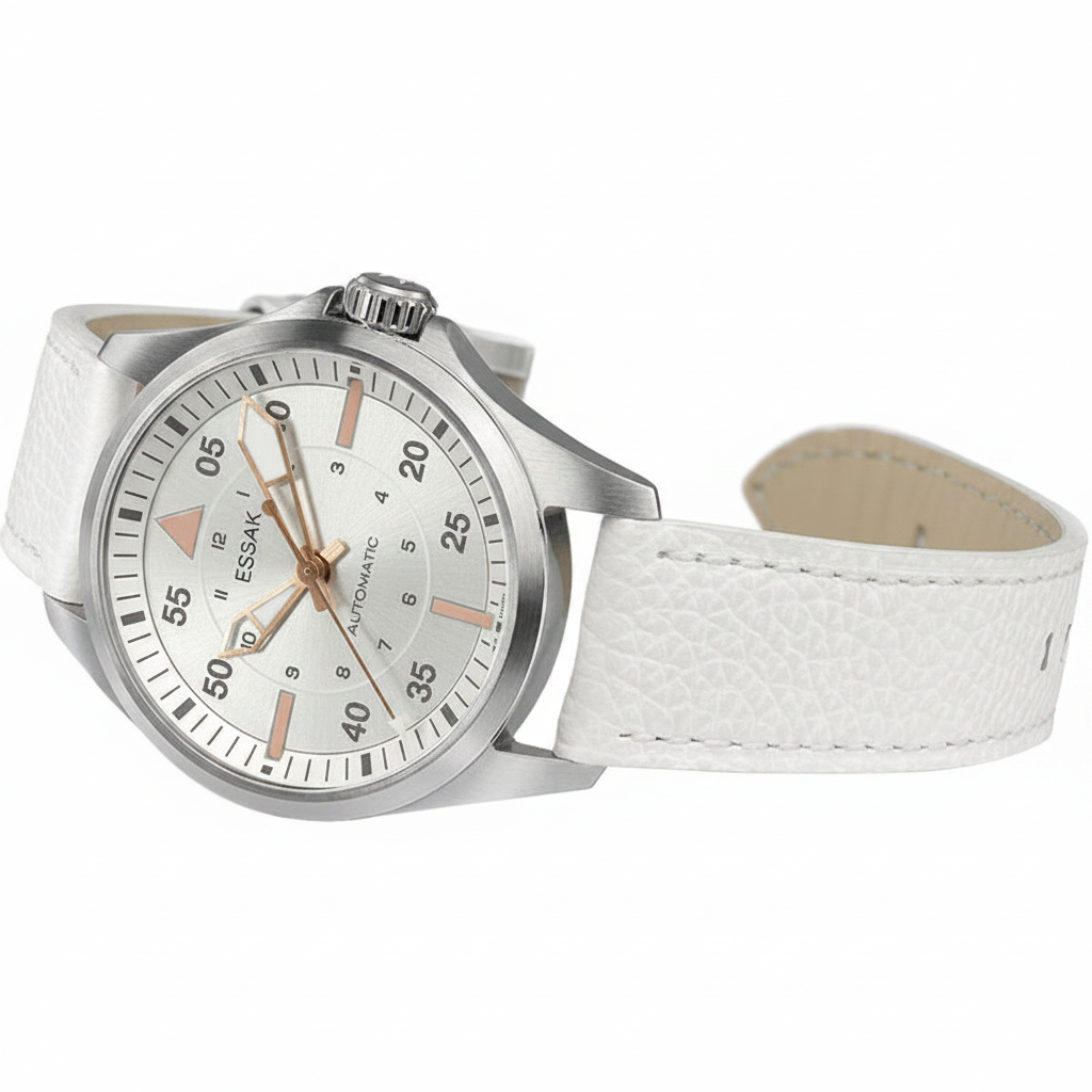 White Pilot Watch Side - ESSAK Logo
